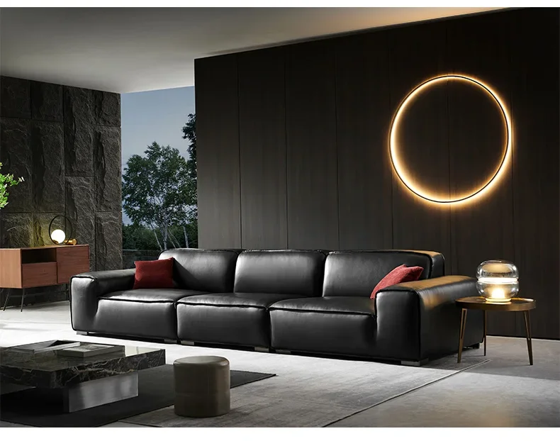 Большой черный диван из коровьей кожи для офиса большая плоская вилла первый