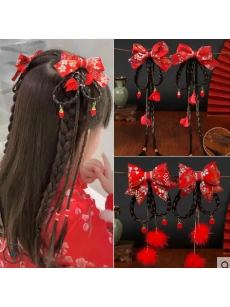 Red children's hair clip Chinese style Hanfu headwear women's wig tassel hair card baby hair accessories images - 6