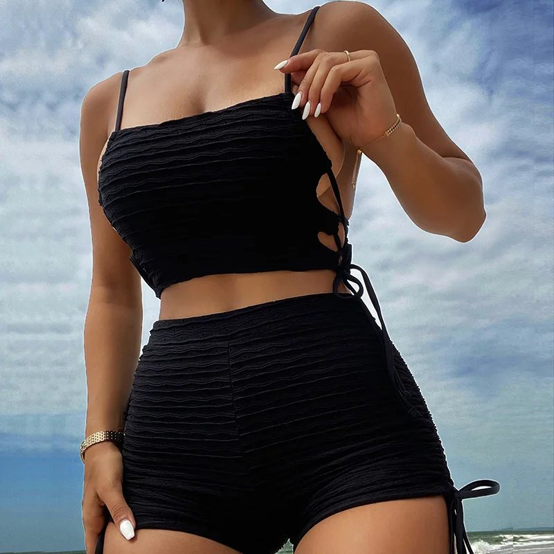 

Женский купальник со складками на шнуровке, бикини с высокой талией, женский купальник, комплект бикини из двух предметов, купальный костюм, Шорты для плавания