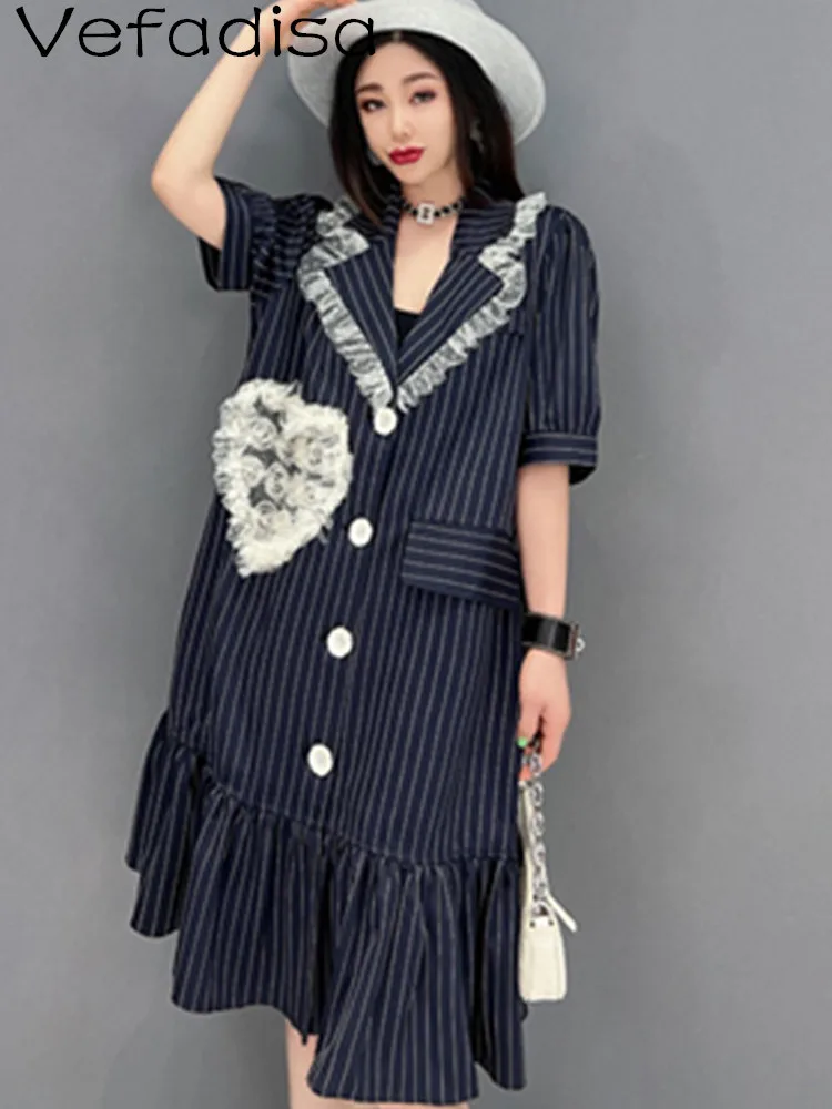 

Vefadisa 2023 Summer V-neck Short Sleeve Dress Loose Mid-length Stripe Printing Splicing Lace Dress Black Women's LHX4086