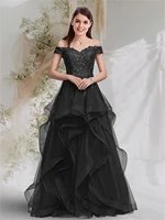ball gown glittering sexy prom formal evening dress off shoulder short sleeve floor length tulle with sequin lace insert 2022