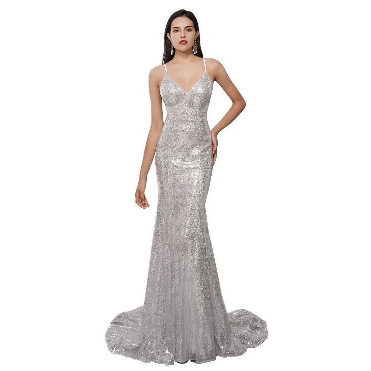 

Сделанное на заказ женское сексуальное вечернее платье с блестками на бретельках с открытой спиной