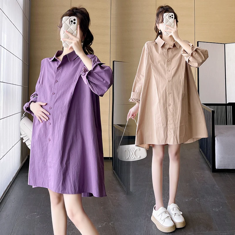 

909# 2023 Spring Korean Fashion Cotton Maternity Blouses Dress Loose Long Sleeve Shirt Clothes for Pregnant Women Pregnancy Tops