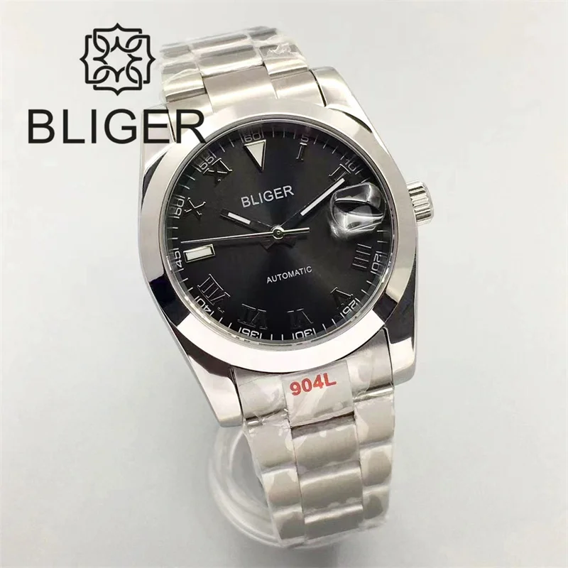 

Автоматические Мужские часы BLIGER 36 мм/39 мм NH35A PT5000 MIYOTA с рифленым ободом, черный серебристый Римский браслет с цифрами, Юбилейный браслет, сапфировое стекло