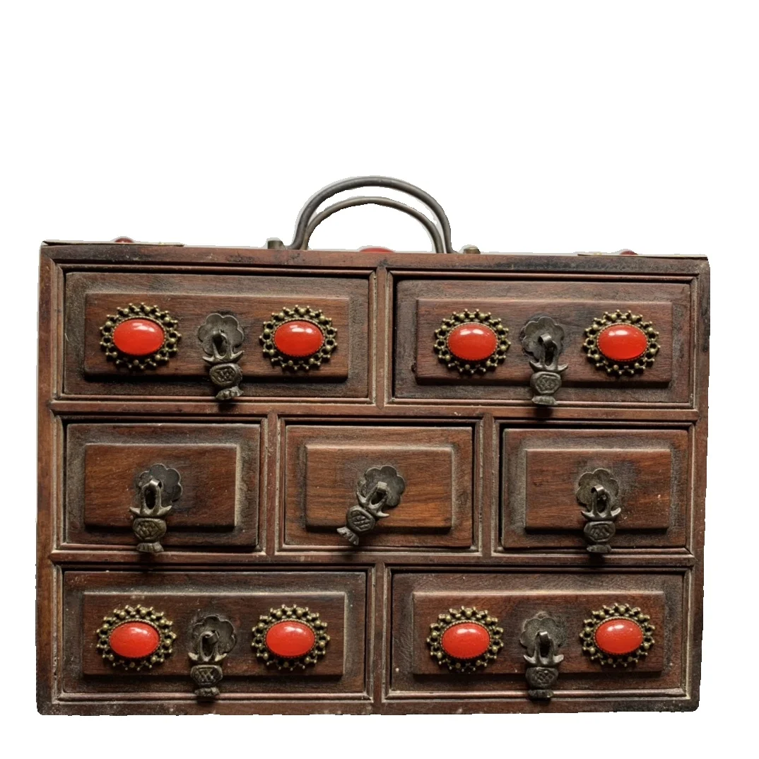 

LAOJUNLU коробка с семью ящиками и инкрустированными драгоценными камнями из розового дерева длиной 20 см, традиционный китайский стиль, антикв...