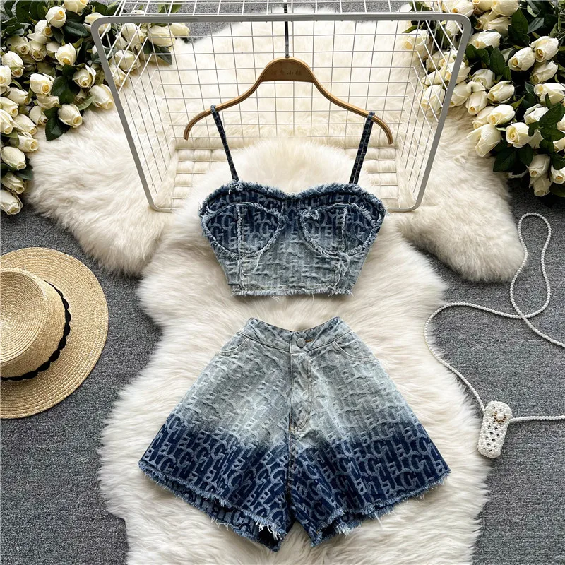 

Sexy Summer Women Boho Denim Tank Tops Shorts Sets Two Pieces Cradient Color Straps Mini Pants Outfits Vestidos