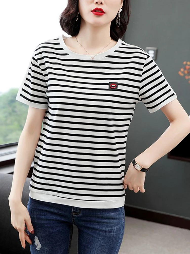 

gkfnmt 2022 Summer 4XL Women Tops and Tshirt Womens Clothing Cotton Striped Shirt O-neck Ladies Slim Tees Feminine