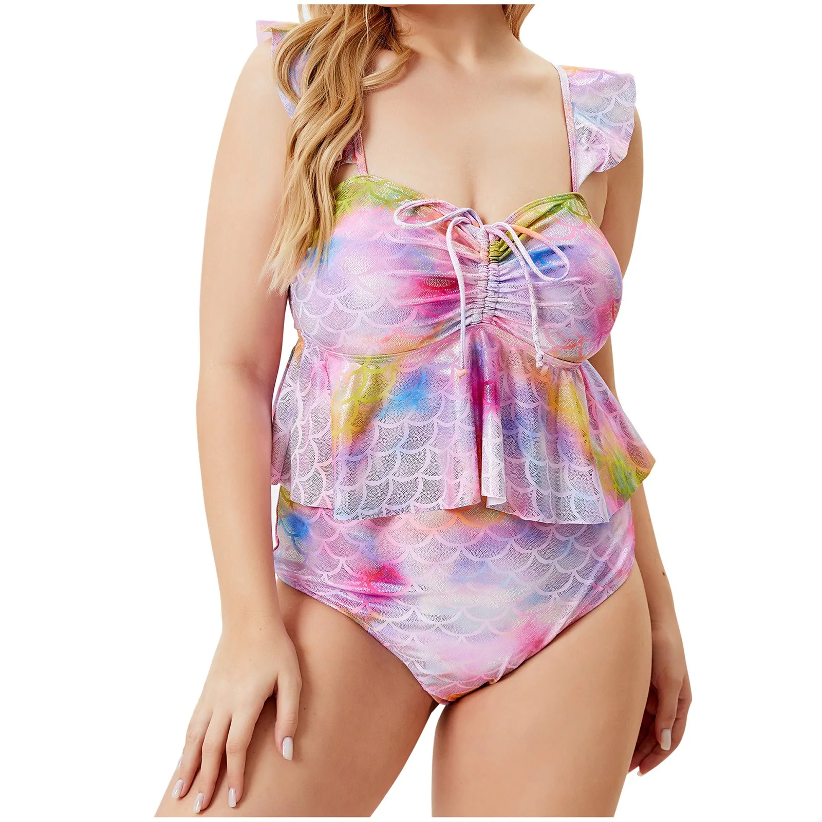 

Купальник-бикини с разрезом и принтом, с оборками