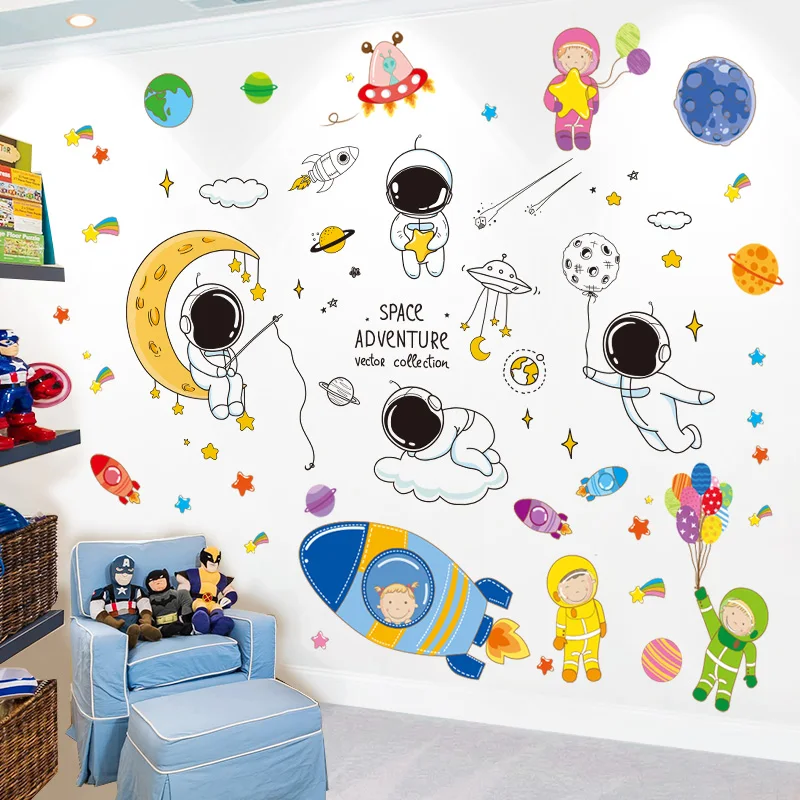 

[shijuekongjian] Astronauts Outer Space Wall Stickers DIY Planets Rockets Wall Decals for Kids Rooms Baby Bedroom Decoration