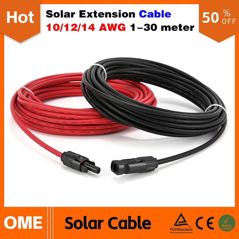 Free Shipping 1 Pair Solar Panel Cable Copper Wire 6 4 2.5 mm² 10 12 14 AWG Black and Red with Solar PV Wires Connectors Cable