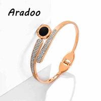 aradoo light luxury full diamond titanium steel open bracelet classic vintage rose gold roman numeral black shell bracelet