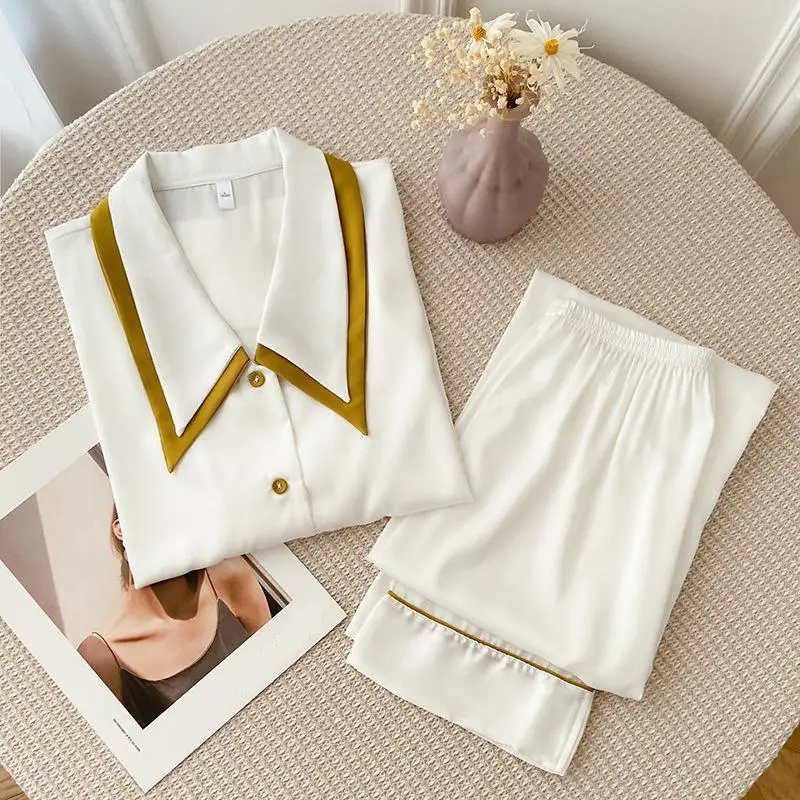 

Spring Sleepwear Pajamas Set Women Lapel Long Sleeve Shirt&trousers PJS Sleep Suit Lingerie Silky Satin Nightsuits Home Clothes