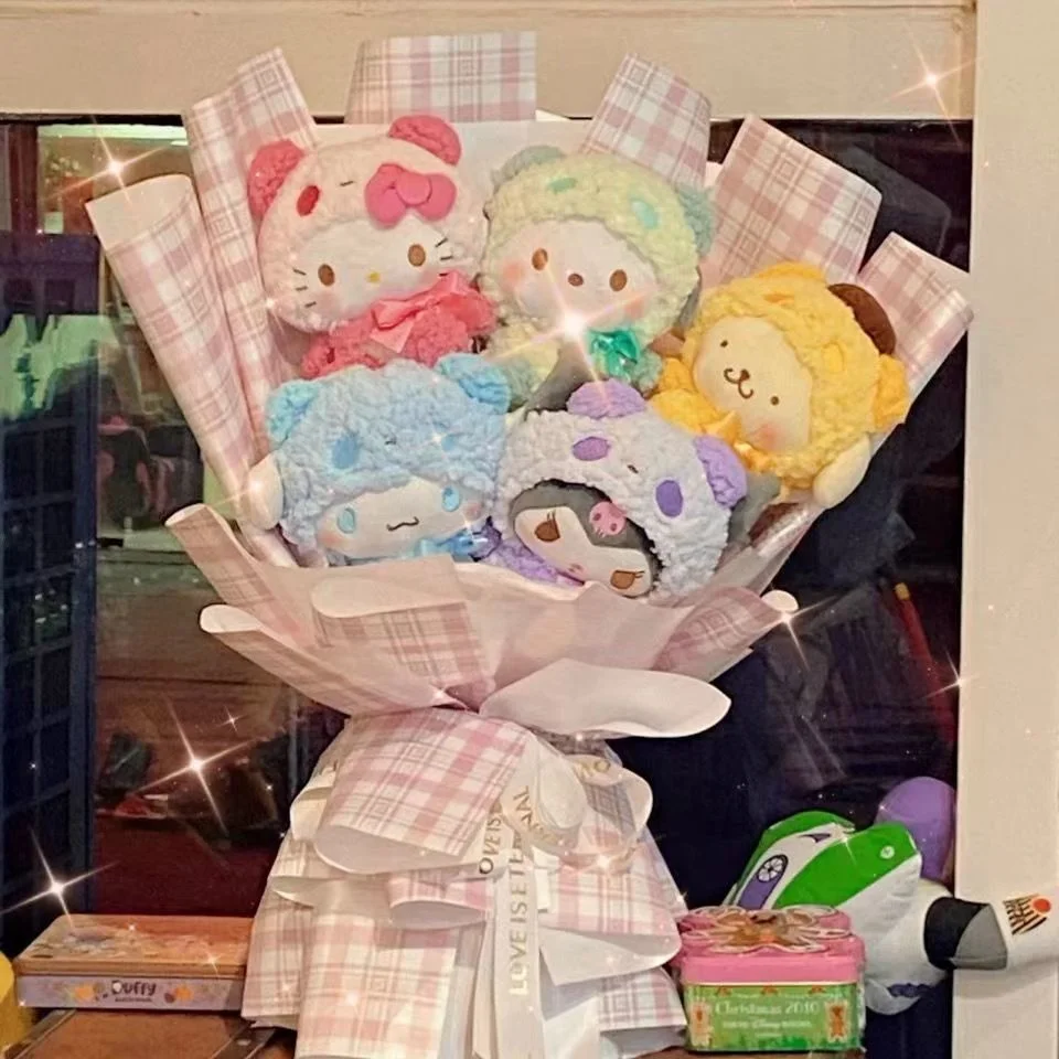 

Sanrio, букет Hello Kitty, мягкие животные Kuromi My Melody Cinnamoroll, мягкая плюшевая игрушка для девочек, романтический подарок, плюшевый букет