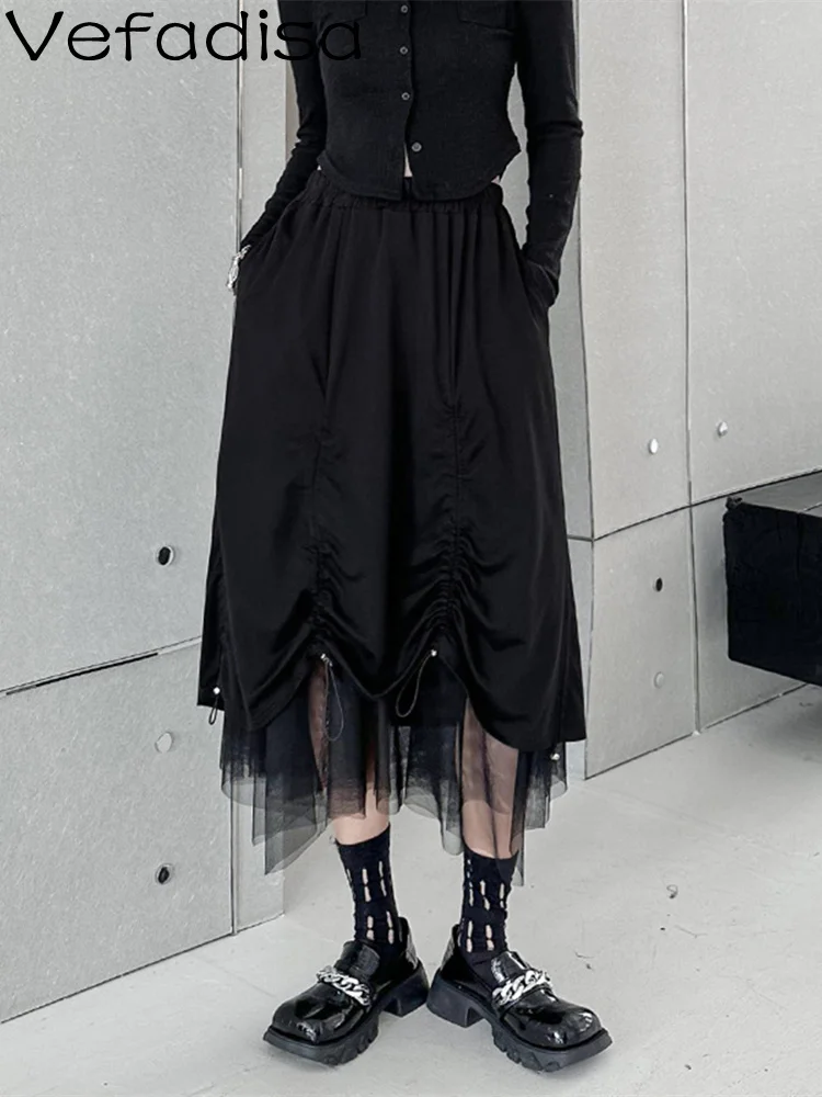 

Vefadisa Dark Wind Pleated Skirt For Women In 2023 Autumn High Waist Slim Mesh Stitching A-line Skirt Fashion Girl Wear ZY124