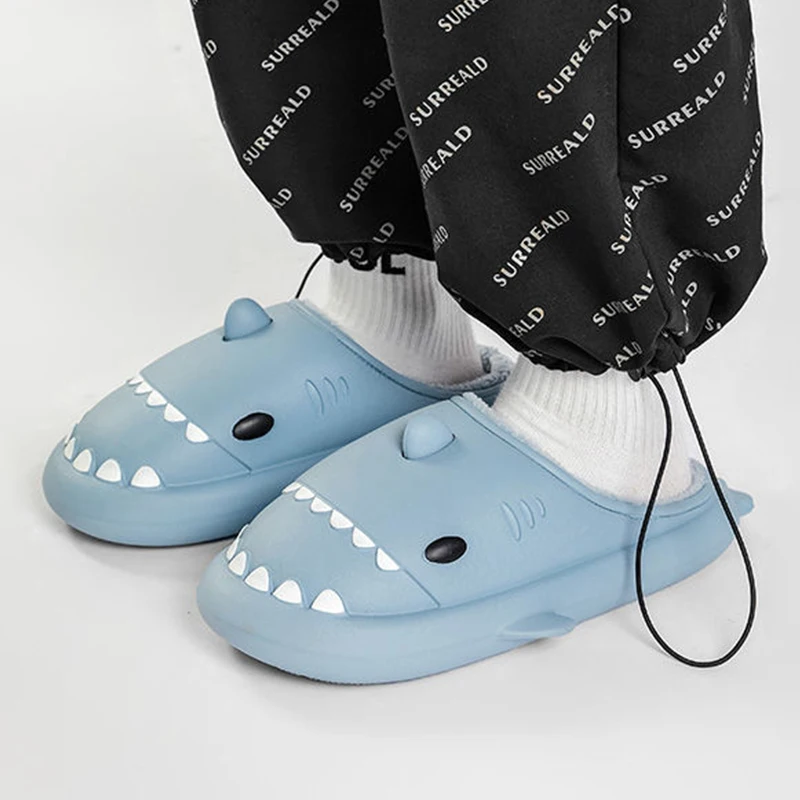 New Winter Fashion Cartoon Shark Slippers Women Cute Couple Shoes Men Home Anti-skid Flip Flops Women Warm Indoor Funny Slippers