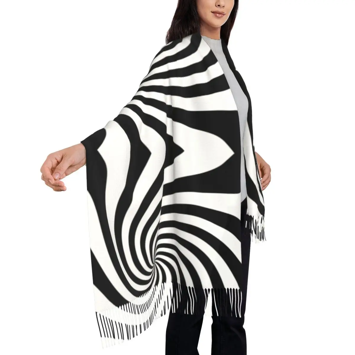 Белый и черный шарф со звездами женский длинный зимне-осенний теплый шаль с