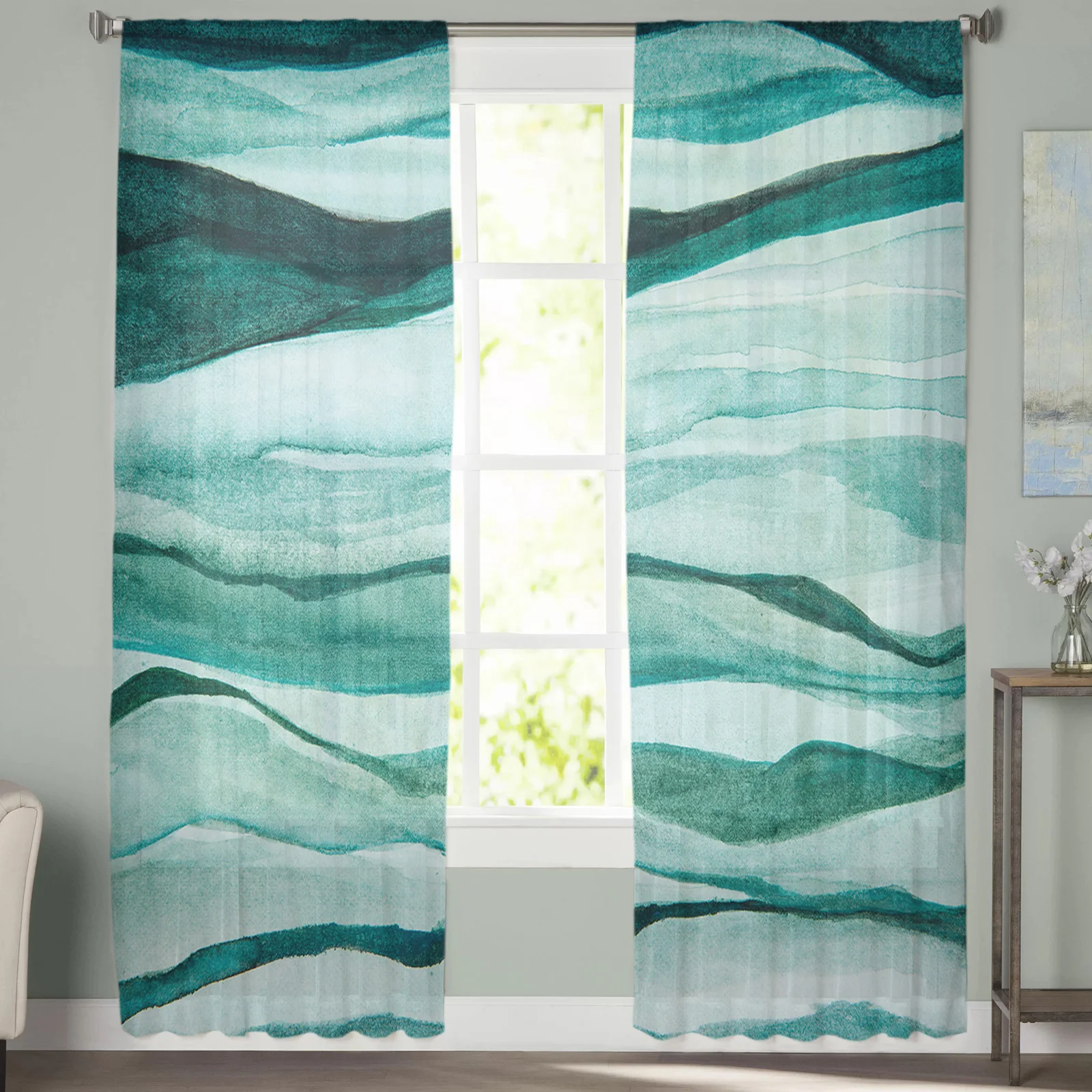 

Abstract Cyan Watercolor Paint Tulle Curtains For Living Room Bedroom Decoration Luxury Voile Valance Sheer Curtains For Kitchen