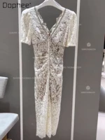 high end luxury lace v neck diamond encrusted mid length dress elegance v neck short sleeve high waist lace dresses summer 2022