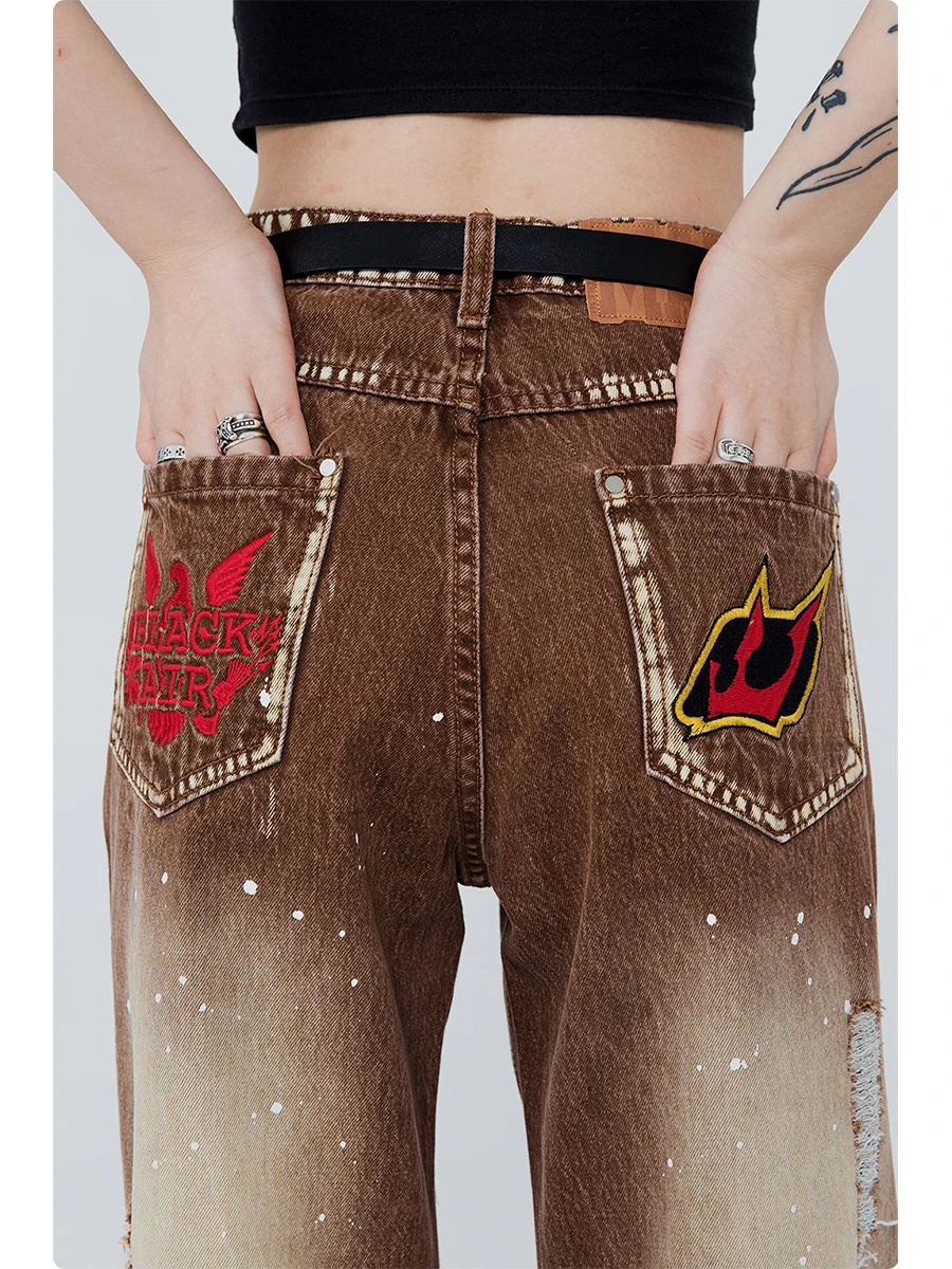 Four Seasons High Street American Retro Washed and Worn High Street Straight Trousers Y2k Men's Jeans Streetwear Ins Hot Sale