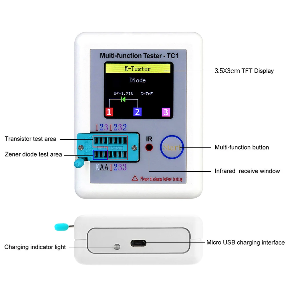 LCR-TC1 1.8&quot TFT LCD Display Multimeter Transistor Tester Diode Triode Capacitor Resistor Detector MOSFET NPN PNP Triac MOS - купить по