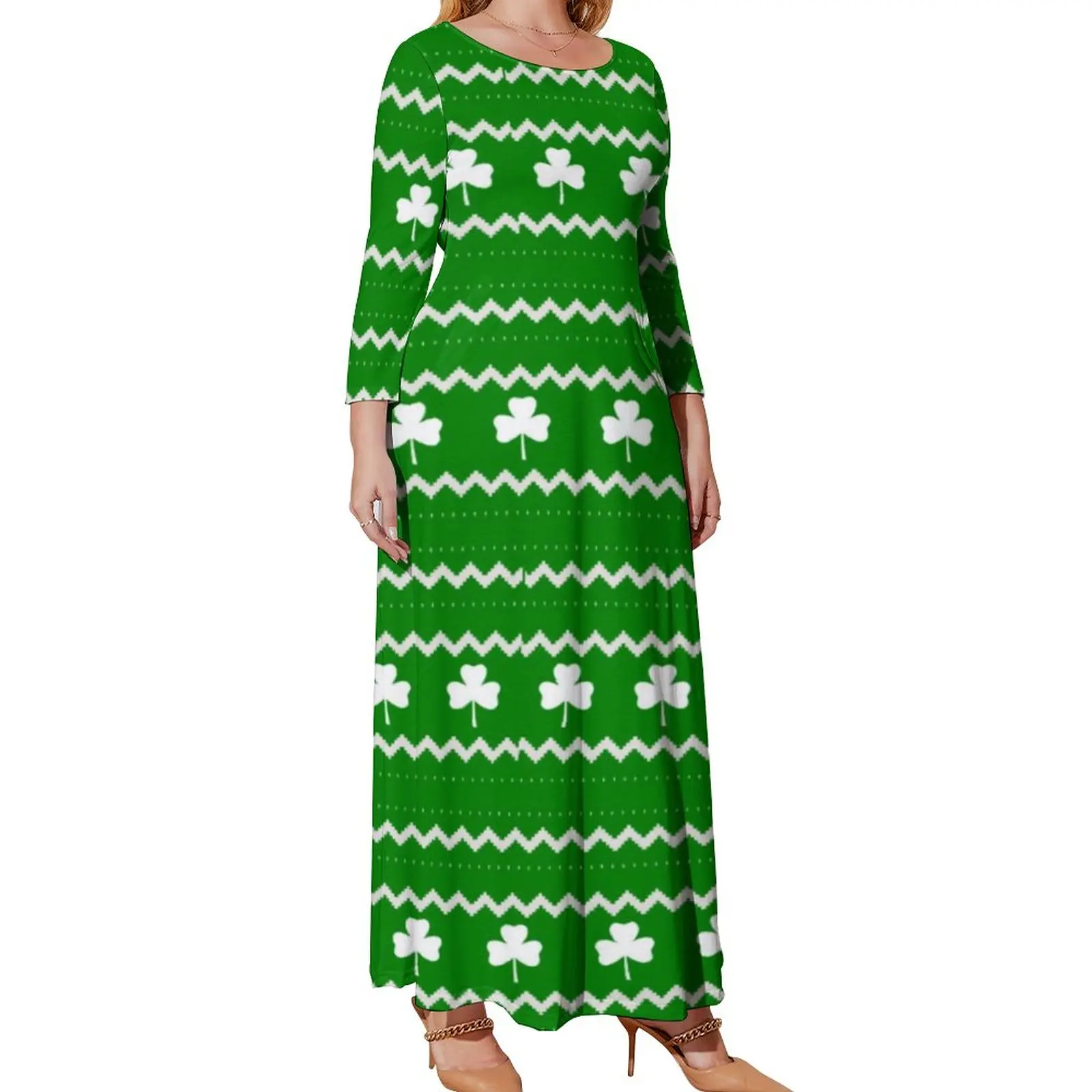 Shamrock Print Dress Plus Size Clover Fair Isle Vintage Pattern Maxi Dress Long Sleeve Street Fashion Bohemia Long Dresses