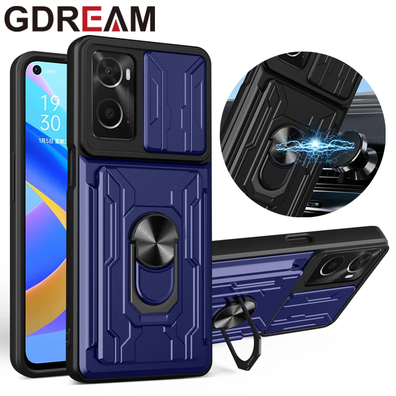 

Shockproof Phone Case For OPPO A5 A9 A16 A32 A54 A74 Magnetic Stand Card Slot Push Window Cover For OPPO A36 A76 A94 A52 A72 A92