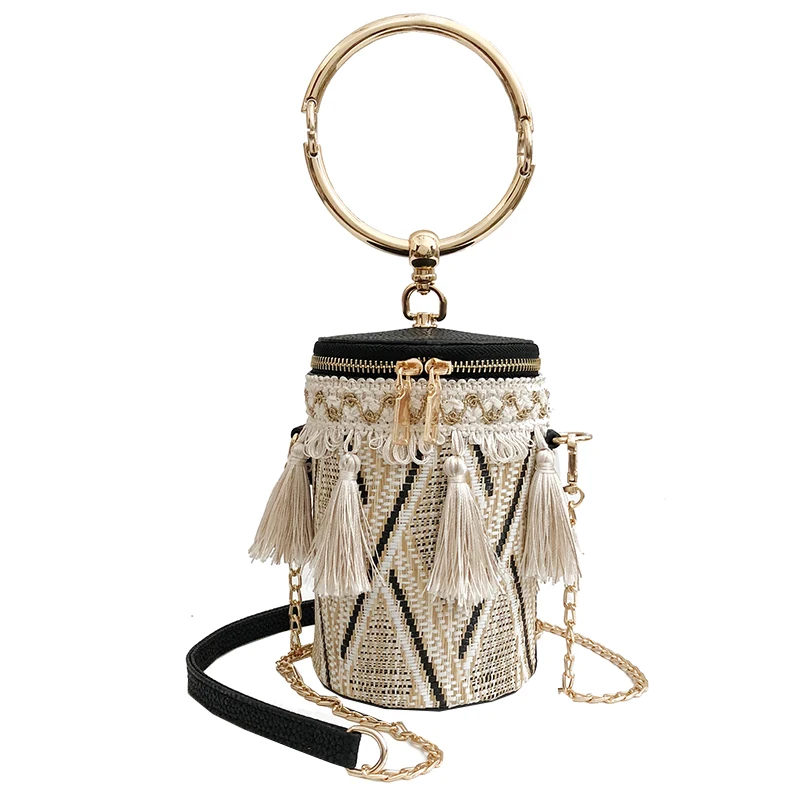 

2021 Summer Fashion New Handbag High quality Straw bag Women bag Round Tote bag Hand Metal Ring Tassel Chain Shoulder Travel bag