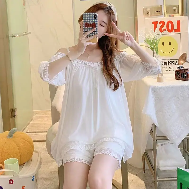QWEEK 2 Pieces Women's Cotton Pajamas Summer Sexy Lace Princess Style Suits with Shorts Japanese Sweets White Sleepwear 2023 New