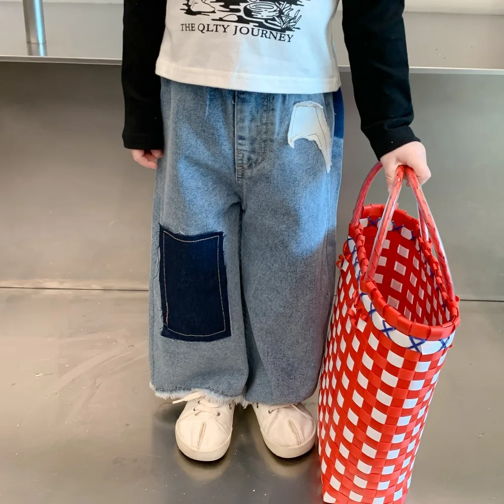 

Детские брюки 4827C, весна 2023, новые джинсы с нашивками для девочек, корейские детские повседневные брюки, повседневные свободные прямые брюки