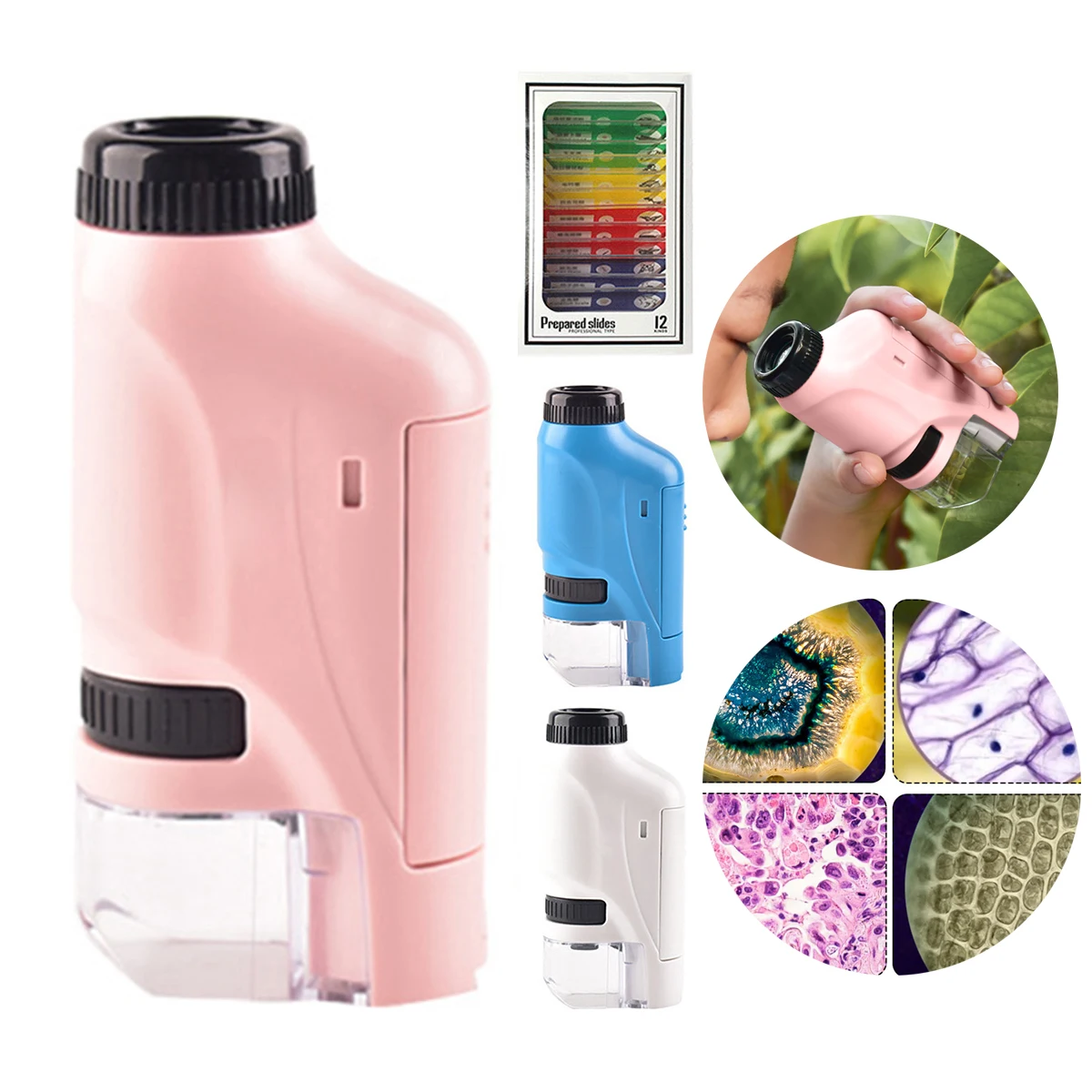 

Mini Pocket Microscope Kit with Specimen 60-120x Lab Handheld Battery Powered Microscope With LED Light Kids Science Microscops