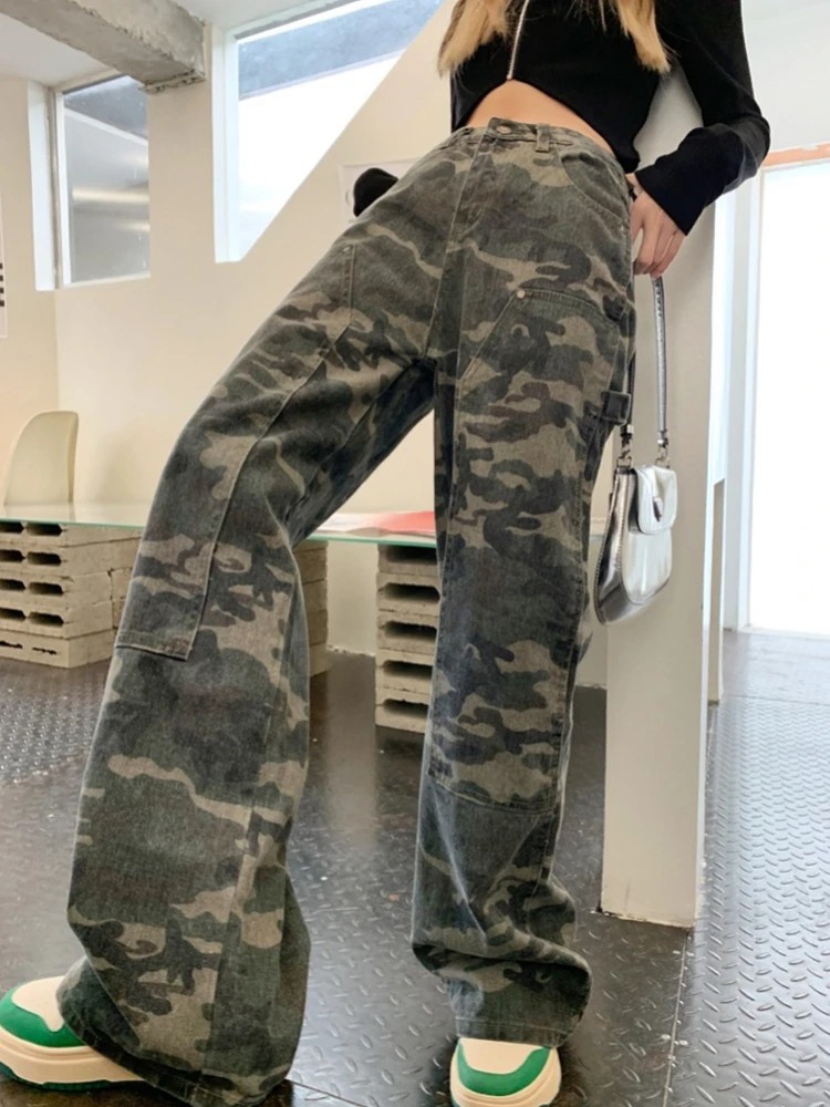 

American Camouflage Pants Hip-hop Baggy Mid Waist Wide-leg Boyfriend Jeans Y2k Cargo Pant Female Ins Girl Denim Trousers Women