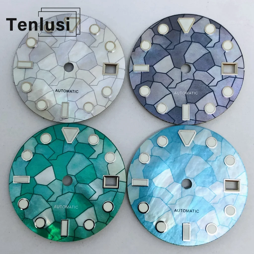 Фото Циферблат часов Tenlusi 28,5 мм NH35, синий, зеленый, светящийся циферблат, стерильный черный, синий, серебристый, зеленый, детали часов №1