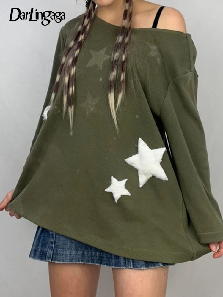 

Darlingaga Harajuku Green Loose Star Patched Retro Spring Autumn Sweatshirt Female Cute Preppy Style Pullover Grunge Jumper Chic