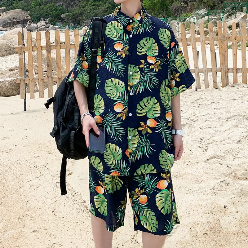 2PCS Men Beach Pajamas Sets Print Floral Short Sleeve T-Shirts&Shorts Sleep Suit Cotton Pyjamas Sleepwear Summer Home Clothes