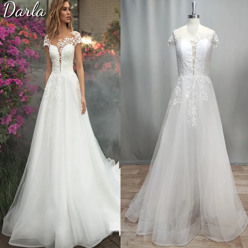 Darla Short Sleeve Bridal Gown O-Neck A-Line 2022 Elegant Tulle Wedding Dress Lace Appliques Button Sweep Train Robe De Mariée