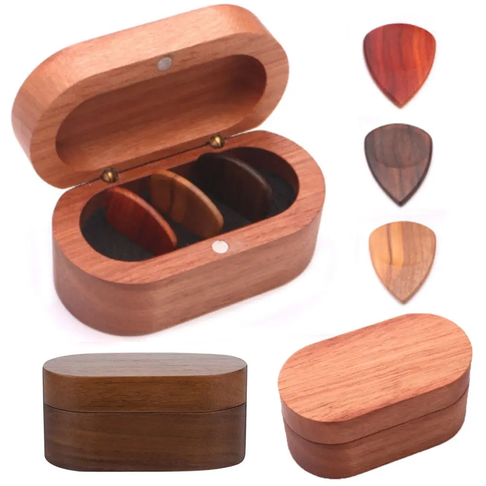 

Wooden Oval Shape Guitar Picks Case Lightweight Guitar Pick Box Holder with 3 Wood Picks For Electric Bass Guitar Accessories