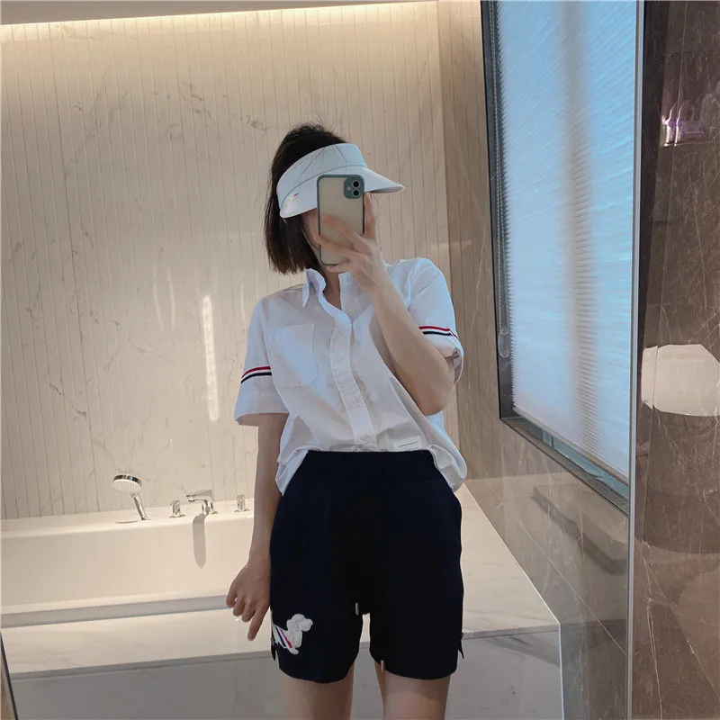 

High Quality TB Korean Style Short-sleeved Shirt Women's Contrast Color Striped Webbing Shirt 22 Summer Niche Design Top