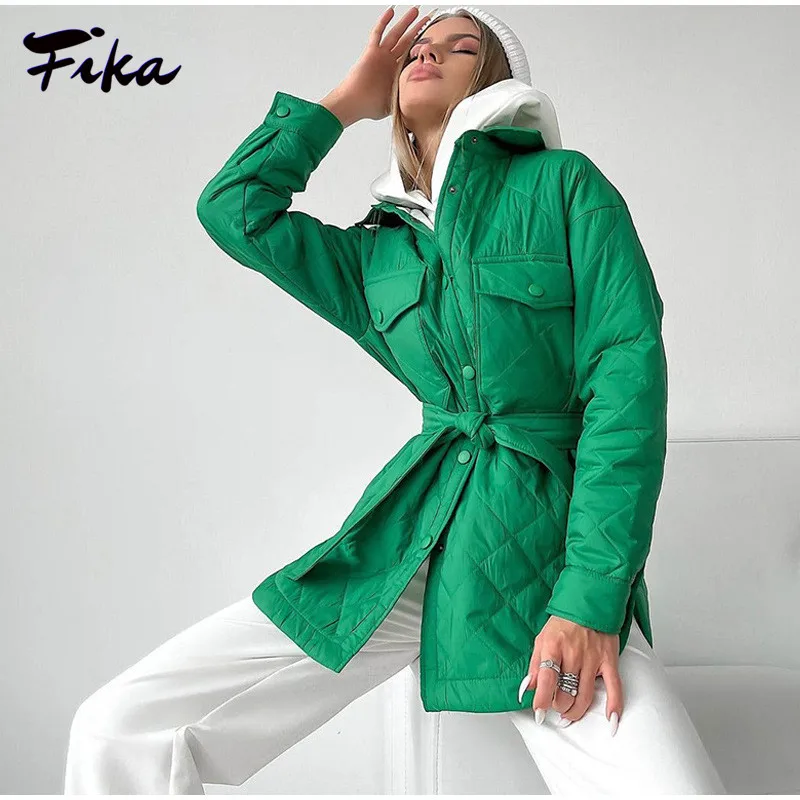 Casual Loose Solid Color Pockets Rhombus Warm Down Jacket with Belt Women 2022 Fashion Thickened Coat Female Outwear Streetwear