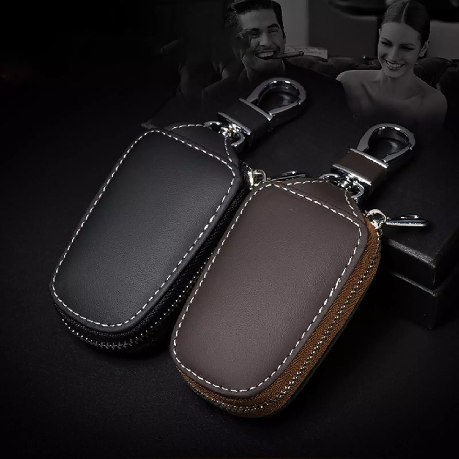 

Faux Leather Car Key Case Zipper Smart Keyless Remote Fob Protection Cover Keychain Bag Auto Accessories Brown Black
