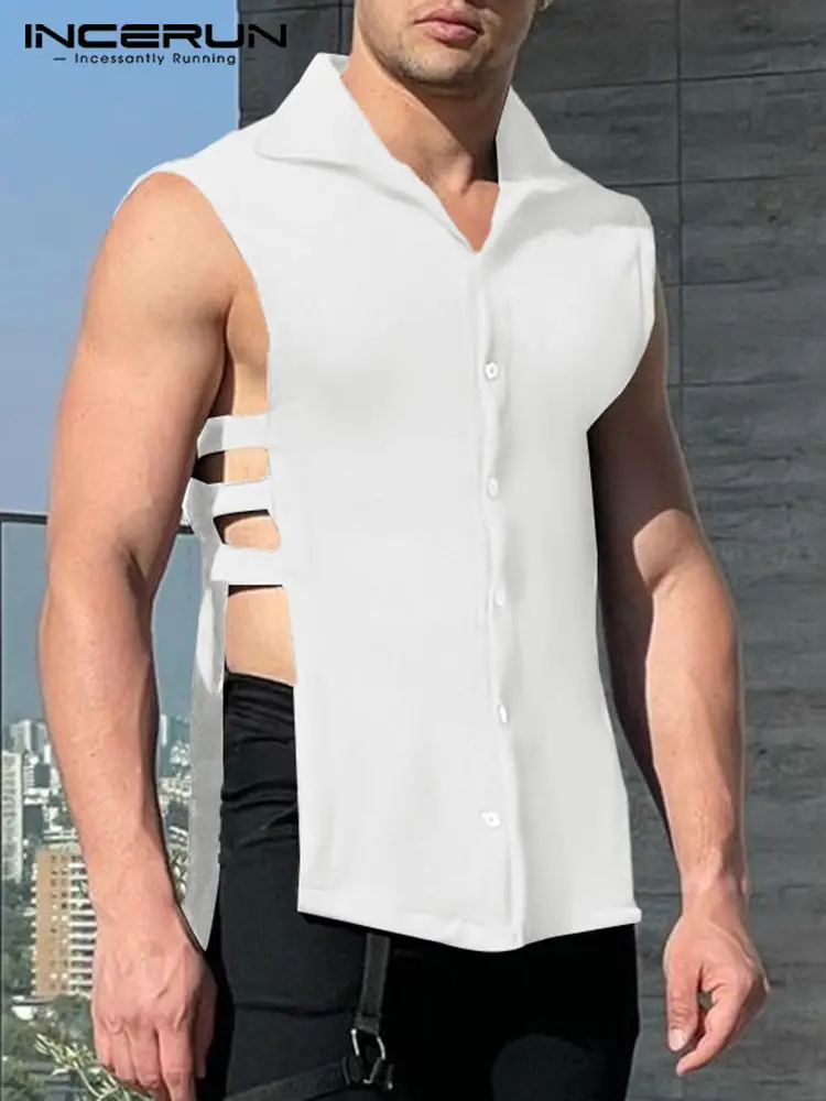 

Fashion Men Shirt Hollow Out Lapel Sleeveless Streetwear Button Casual Men Clothing Solid Color 2023 Leisure Camisas 5XL INCERUN