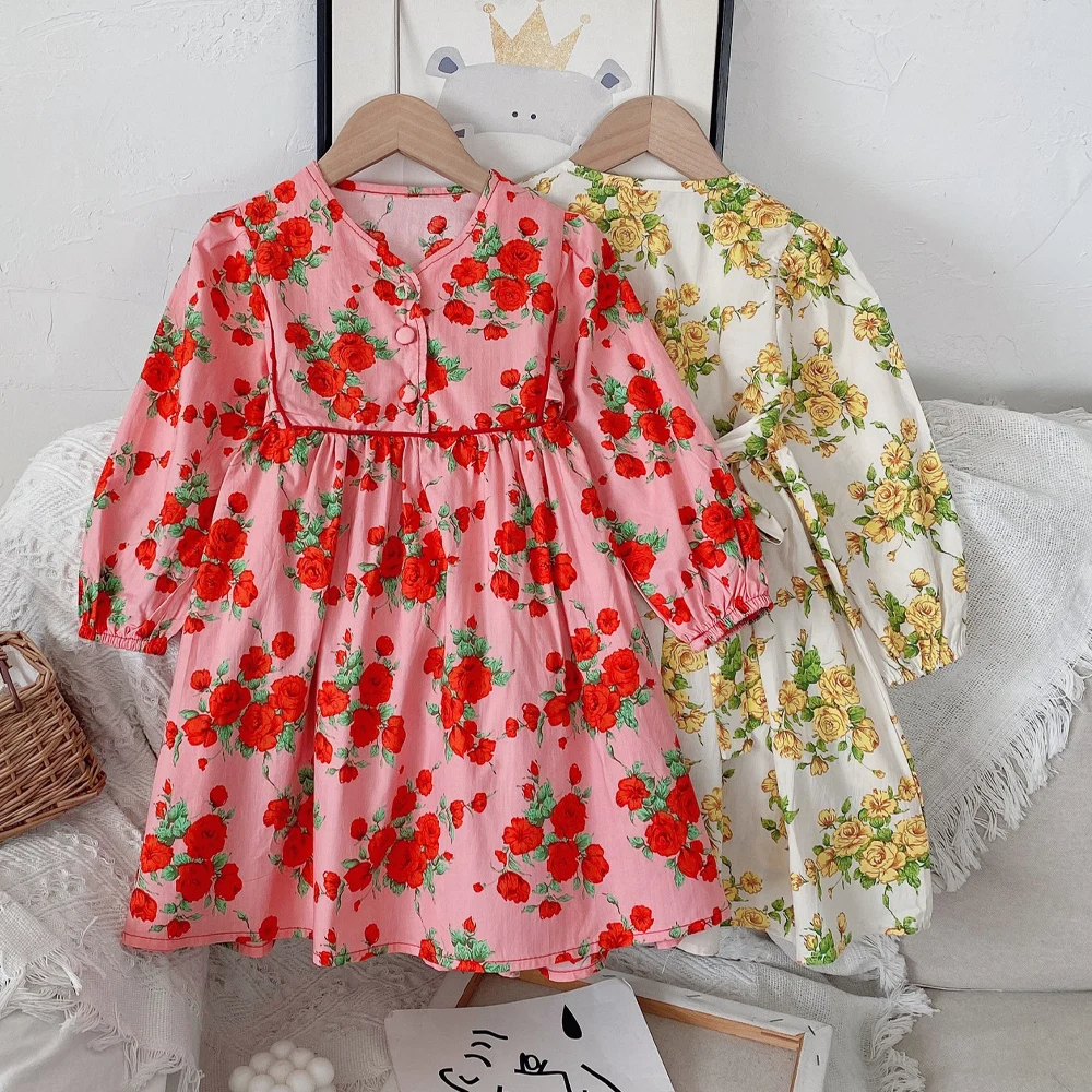 

VigoAnne Baby Girls Floral Dress 2022 Single-breasted Long Sleeve Dresses Girl Spring Back Bow Kids Clothes Korean Clothing