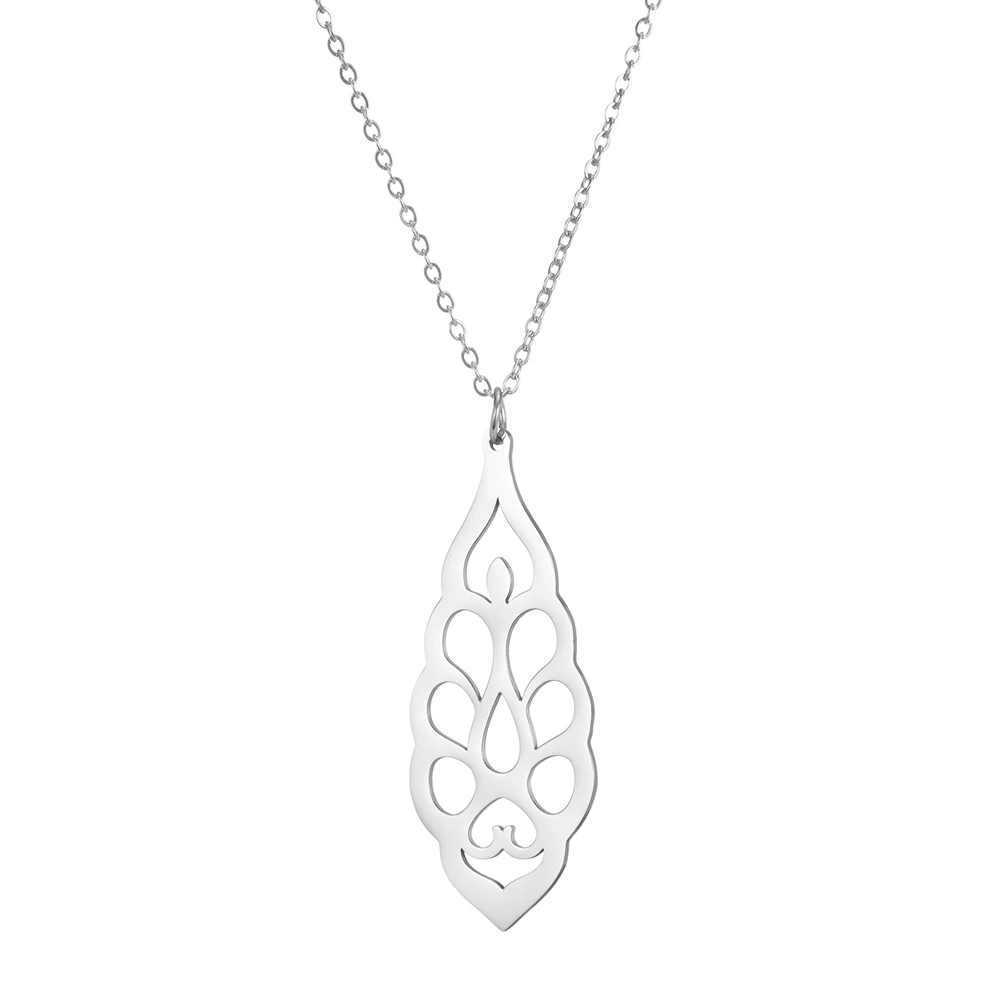 

Stainless Steel Jewelry Steel Color 13.76x35.07mm Leaf-Shaped Geometric Hollow Pattern Pendant Necklace With 45+5cm Link Chain
