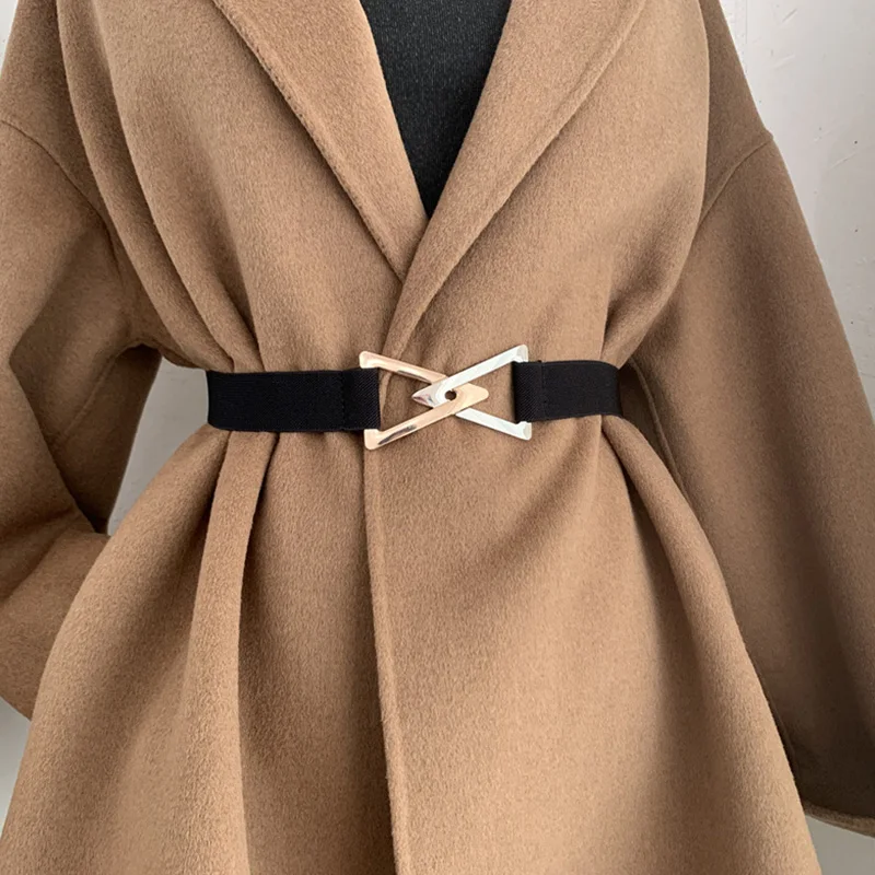 Metal Triangle Double Buckle Women's Belts Fashion Ladies Elastic Canvas Waistband For Wedding Dress Overcoat Solid Color Girdle
