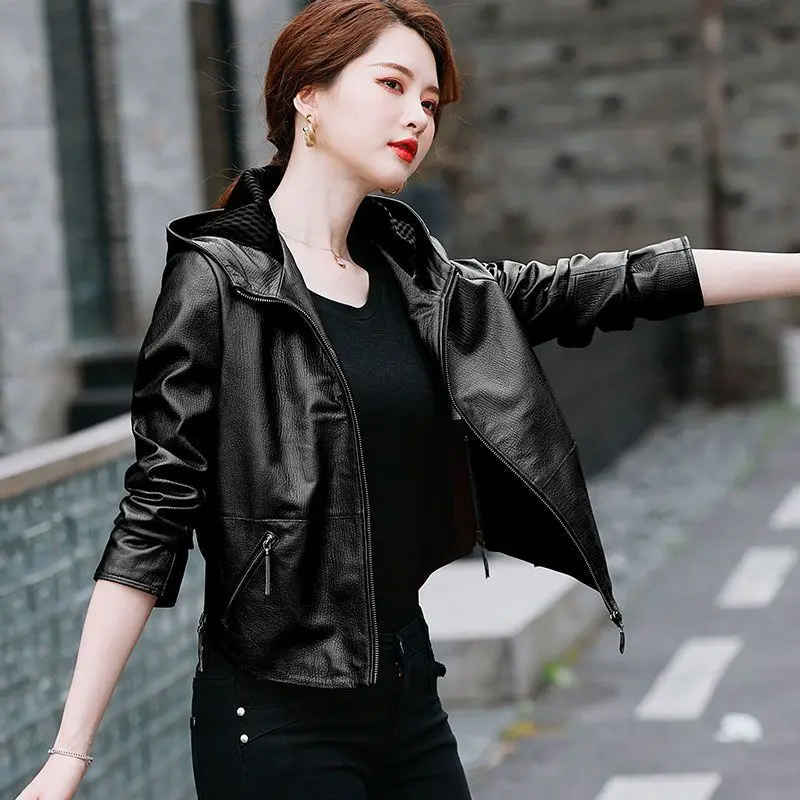 Ms. Fashion Leather jacket popular Korean version of the short women's sheepskin hoodie zip-up leather jumper punk leather jacke