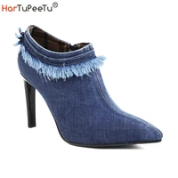 thin high heels pumps women 2022 pointed toe stiletto tassel decorate denim fabric sexy shoes autumn winter plus size 34 45