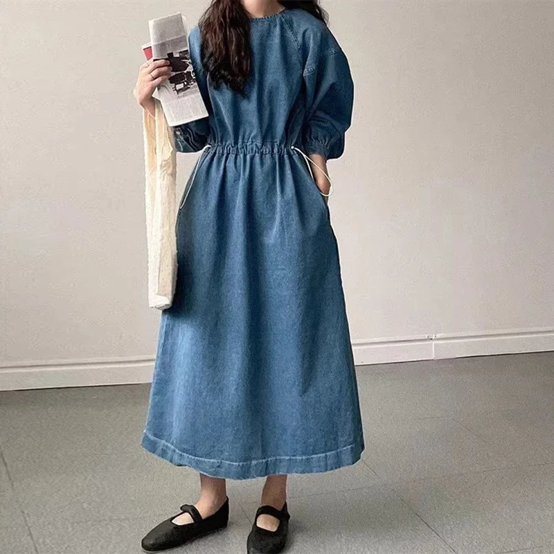 Женское джинсовое платье с карманами повседневное свободное винтажное круглым