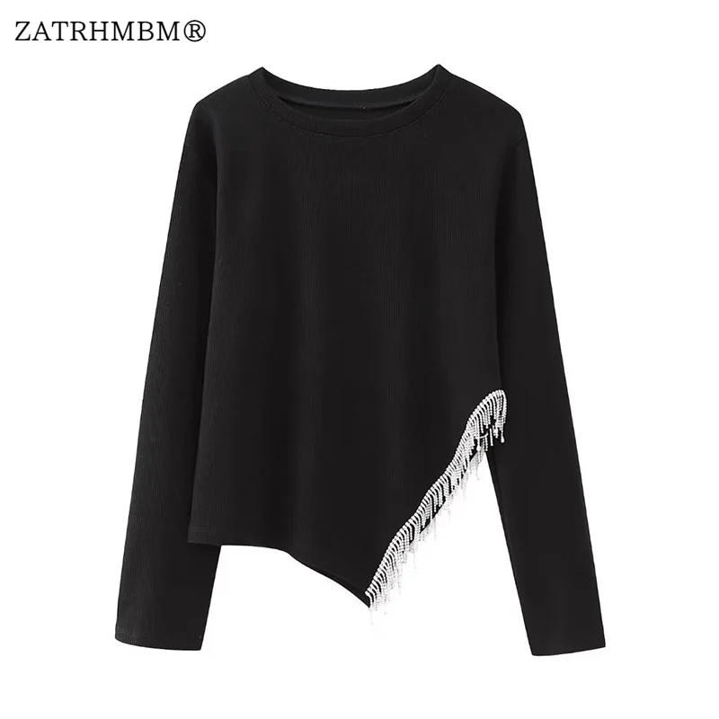 

ZATRHMBM 2023 Women Fashion Artificial Diamond Tassel Knitted Sweater Vintage Long Sleeves Asymmetrical Female Pullover Chic Top