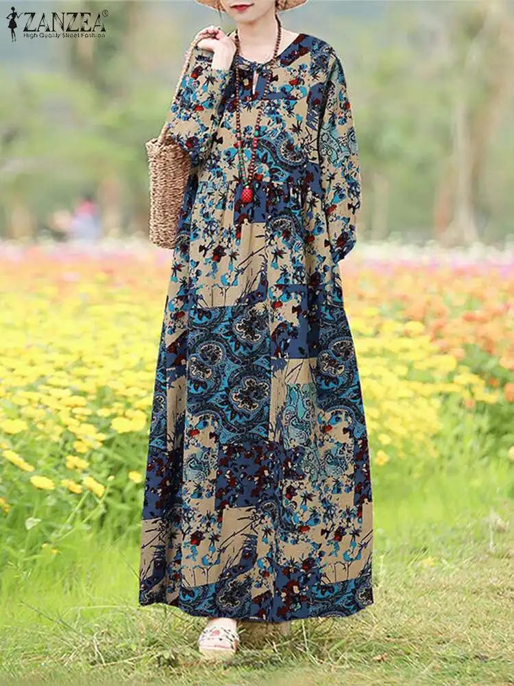 Женский Осенний сарафан с цветочным принтом ZANZEA богемное Макси-Платье женское
