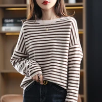 striped 100 pure wool womens autumn and winter new round neck loose and lazy bottoming cashmere sweater foreign style
