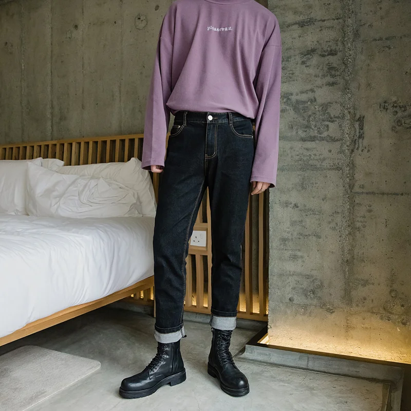 Men Clothing 2022 New Recreational Black Jeans Loose Temperament Versatile Straight Cylinder Nine Points Trousers Autumn Female